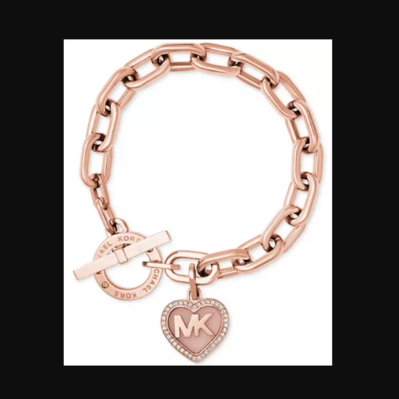 Michael Kors Logo Heart Charm Bracelet Heavy Chainlink Toggle Rose Gold NWT - Picture 1 of 8